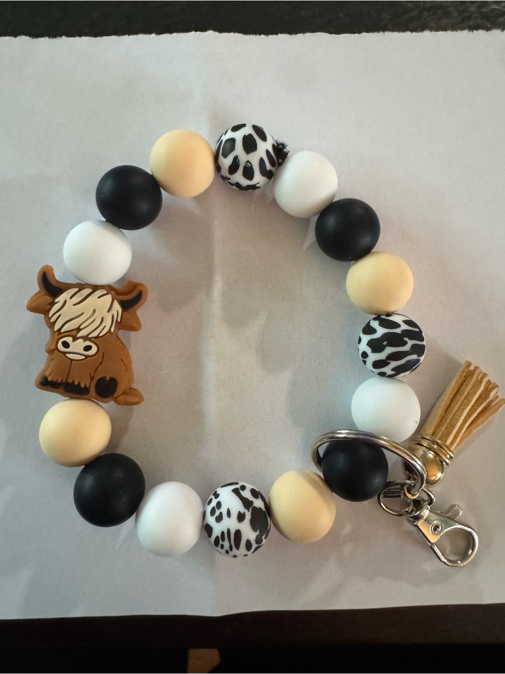 Kids Black White and Cream Beaded Keychain Charm with Highland Cow
